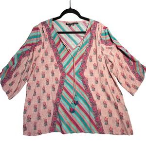 Tolani Collection Womens XL Modal Boho Tassel Tunic Top Pink Teal Floral Stripe